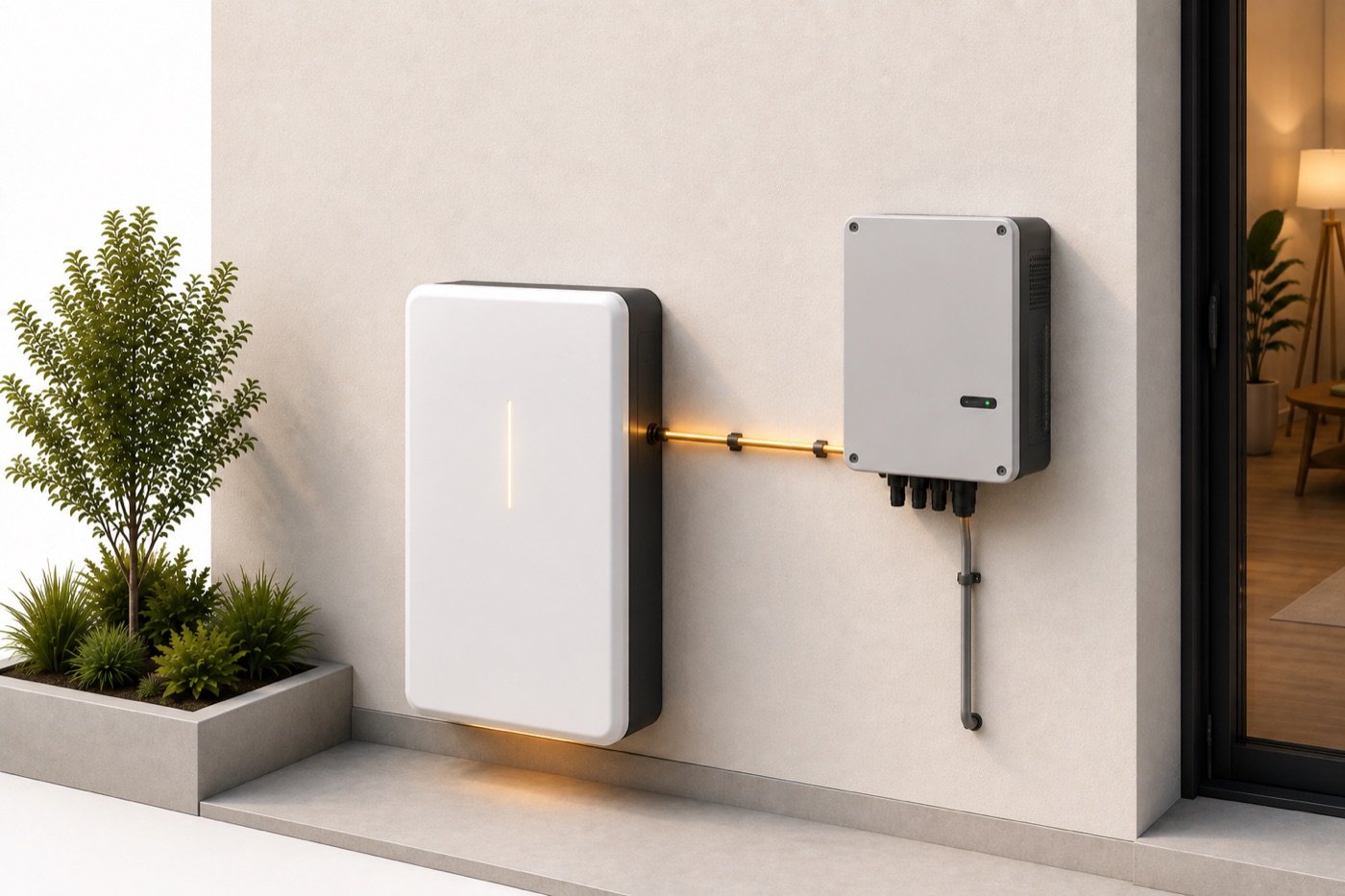 A home battery mounted on an exterior wall, connected by conduit to the inverter beside it