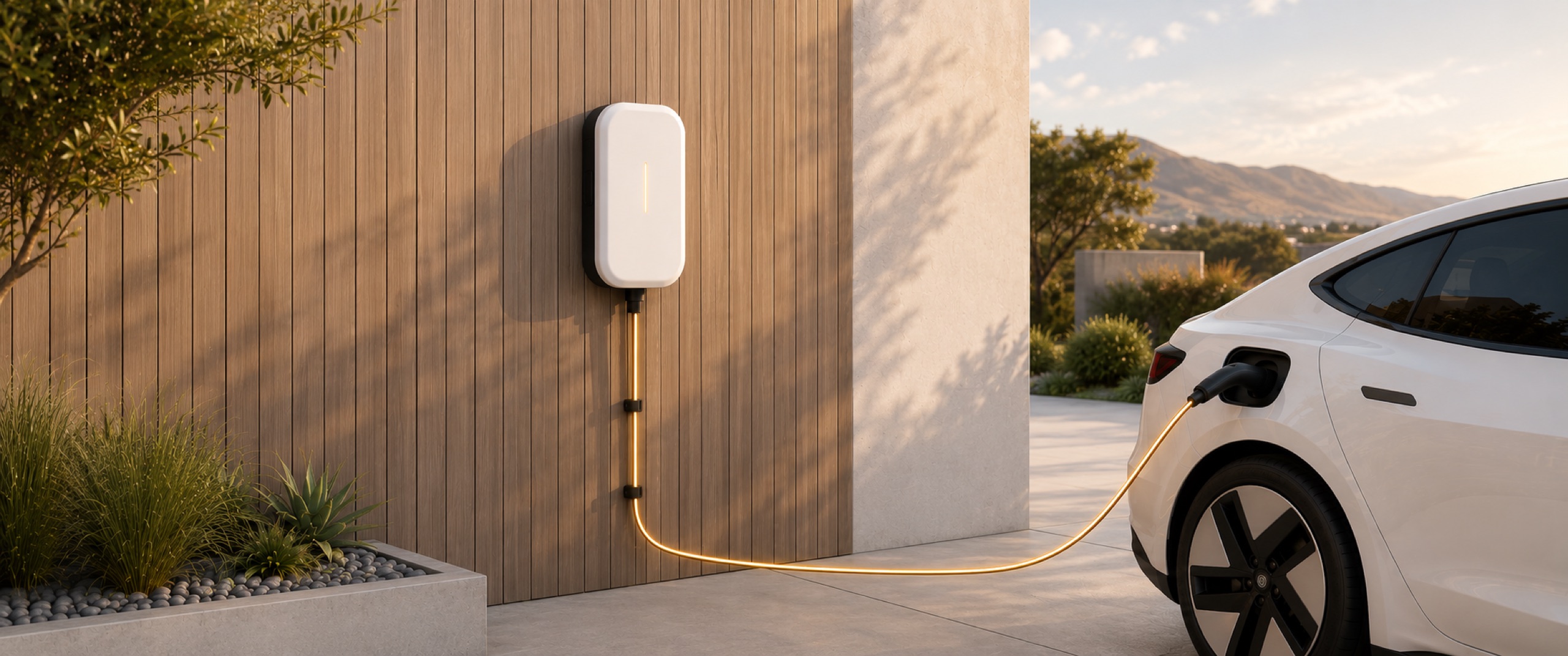 An electric car plugged into a wall-mounted home charger on a timber wall at dusk
