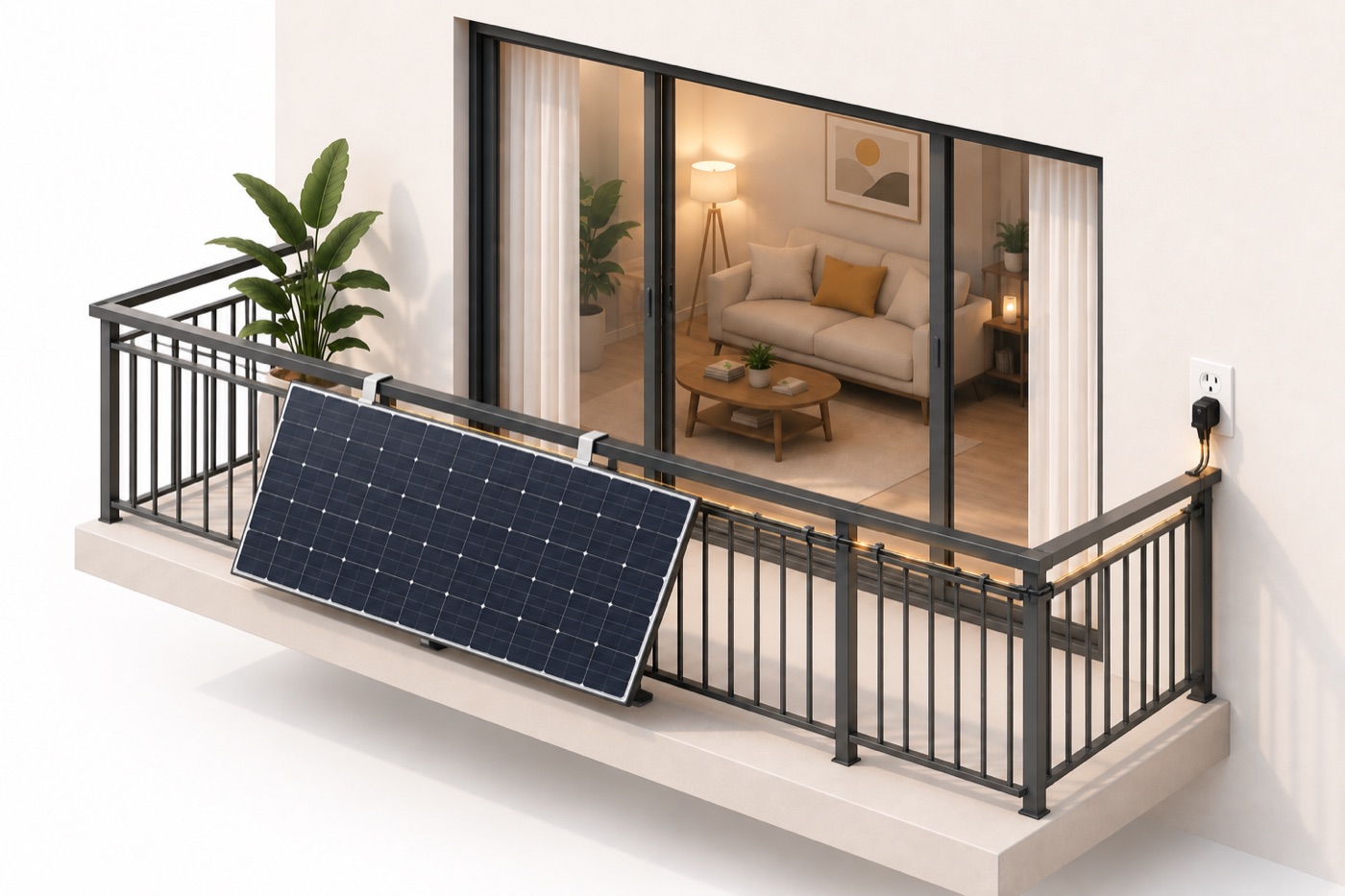 A solar panel clamped to a balcony railing, its cable running to an ordinary wall outlet beside the sliding door